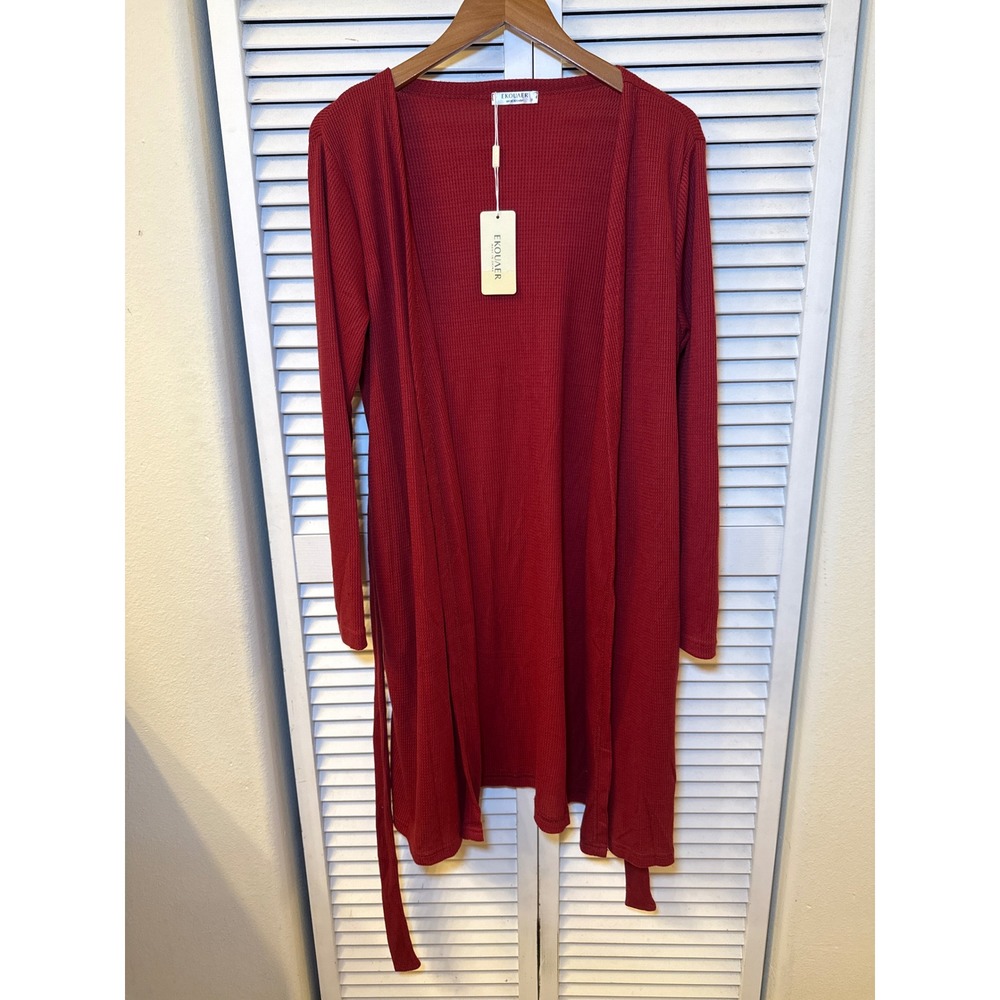 Ekouaer Women Wine Red Waffle Knit Long Sleeve Open Front Belted Cardigan Robe S